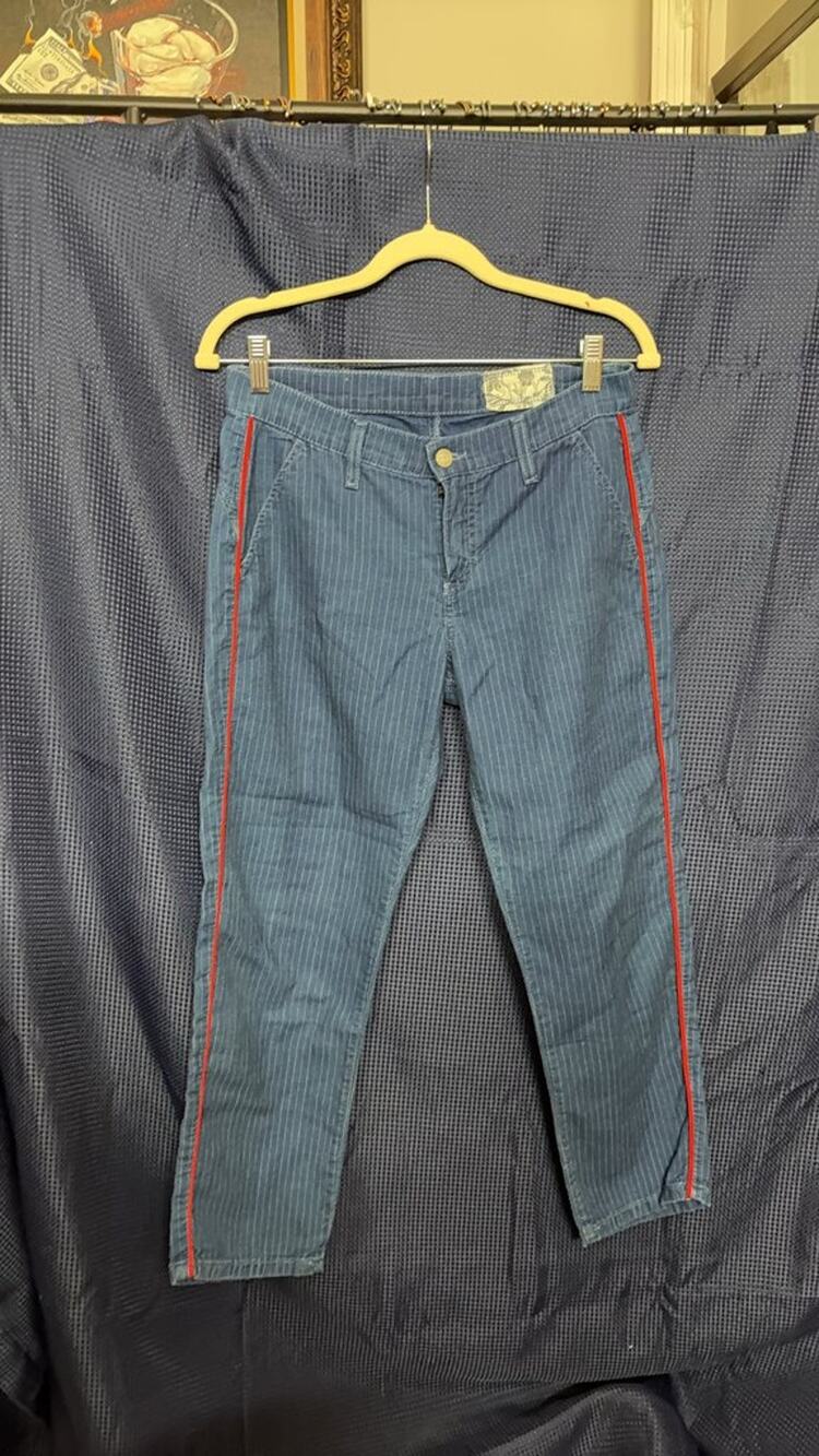 Siwy Blue Pinstripe Pants with Red Side Stripe